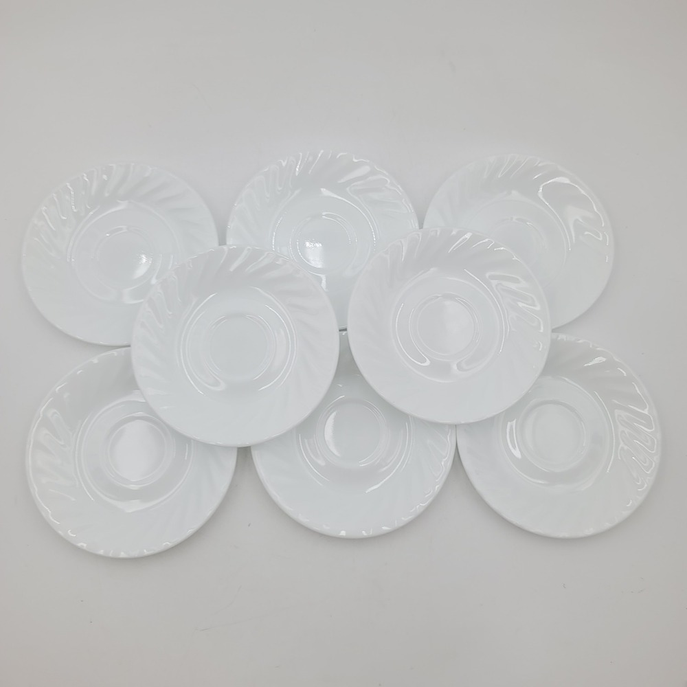 8pc Corelle by Corning White Wavy Swirl Saucers Set Vitrelle Glass 6.25 inch